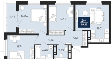 3-к. квартира, 74&nbsp;м²