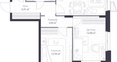 Студия, 57 м²