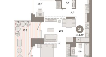 2-к. квартира, 84&nbsp;м²