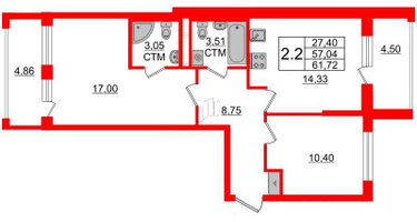 2-к. квартира, 57&nbsp;м²