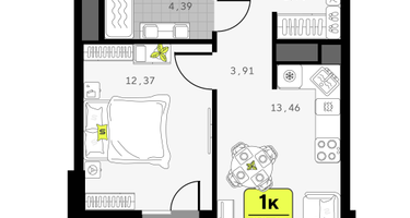 1-к. квартира, 39 м²