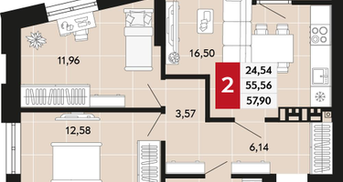 2-к. квартира, 57 м²