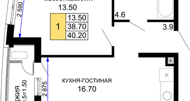 1-к. квартира, 40&nbsp;м²