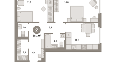 2-к. квартира, 58&nbsp;м²