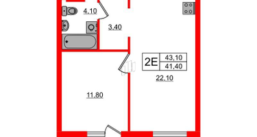 1-к. квартира, 43&nbsp;м²