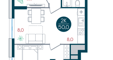 2-к. квартира, 50&nbsp;м²