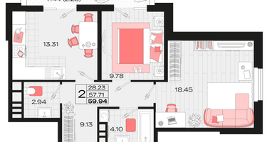 2-к. квартира, 57&nbsp;м²