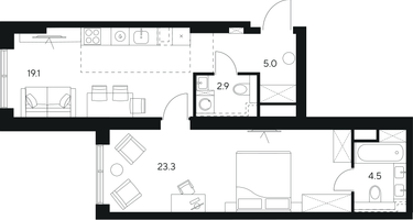 Студия, 54 м²