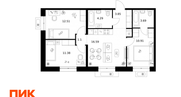 3-к. квартира, 64 м²