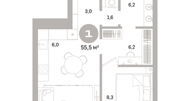1-к. квартира, 55 м²