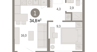1-к. квартира, 34&nbsp;м²