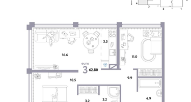3-к. квартира, 62 м²