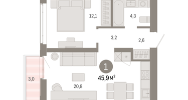 1-к. квартира, 45&nbsp;м²