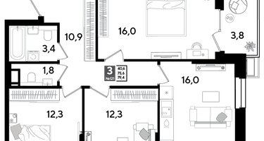 3-к. квартира, 77&nbsp;м²