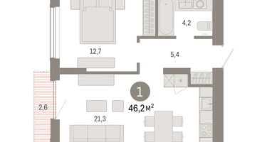 1-к. квартира, 46&nbsp;м²
