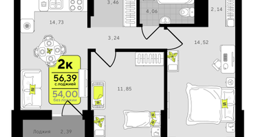 2-к. квартира, 56 м²