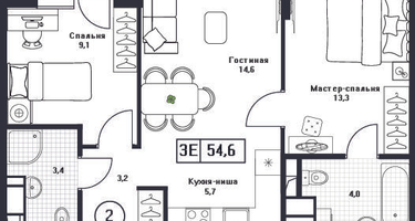 2-к. квартира, 54&nbsp;м²