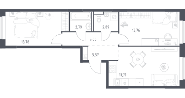 2-к. квартира, 59&nbsp;м²