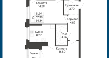2-к. квартира, 64&nbsp;м²