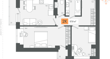 2-к. квартира, 57&nbsp;м²