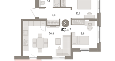 2-к. квартира, 57 м²