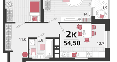 2-к. квартира, 54&nbsp;м²