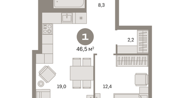 1-к. квартира, 46&nbsp;м²