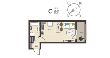 Студия, 27 м²