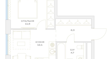 1-к. квартира, 34&nbsp;м²