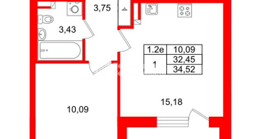1-к. квартира, 32&nbsp;м²