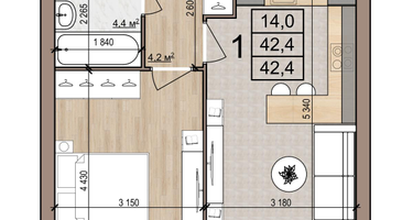 1-к. квартира, 42&nbsp;м²