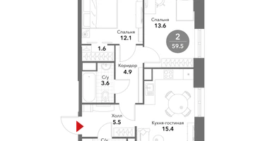 2-к. квартира, 59 м²