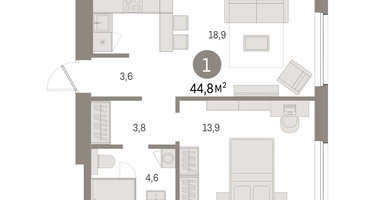 1-к. квартира, 44&nbsp;м²