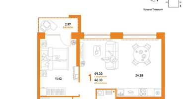 1-к. квартира, 49&nbsp;м²