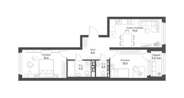 2-к. квартира, 59&nbsp;м²
