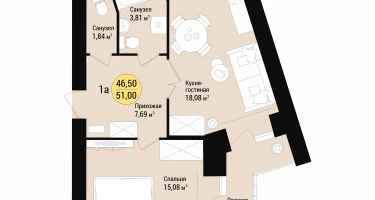 1-к. квартира, 51&nbsp;м²