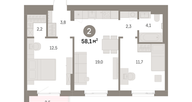 2-к. квартира, 58&nbsp;м²