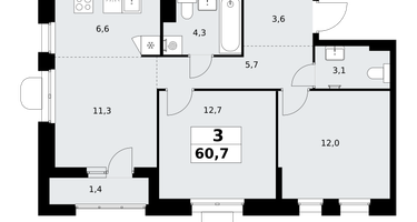 3-к. квартира, 60 м²
