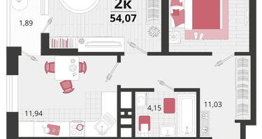 2-к. квартира, 54&nbsp;м²
