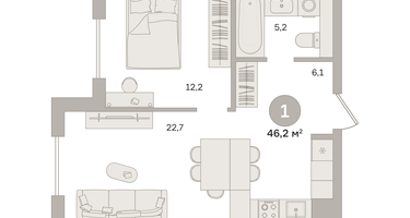1-к. квартира, 46&nbsp;м²