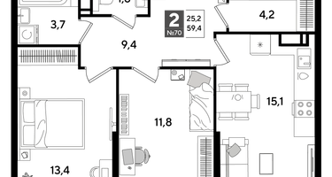 2-к. квартира, 58 м²