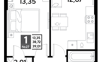 1-к. квартира, 39&nbsp;м²