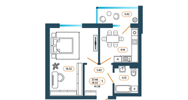 1-к. квартира, 41&nbsp;м²