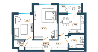 2-к. квартира, 65&nbsp;м²