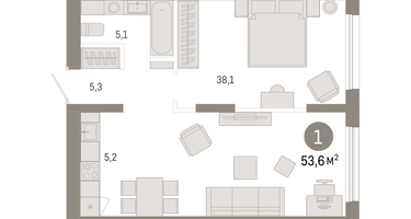1-к. квартира, 53&nbsp;м²