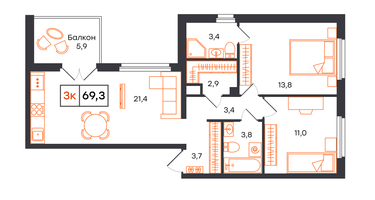 2-к. квартира, 69 м²