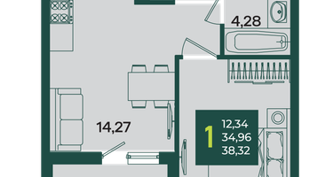 1-к. квартира, 38 м²
