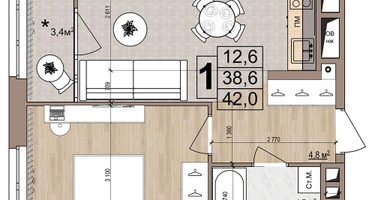 1-к. квартира, 42&nbsp;м²