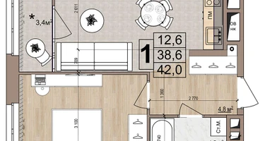 1-к. квартира, 42&nbsp;м²