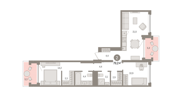 2-к. квартира, 79 м²
